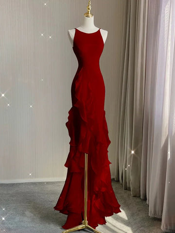 Simple Black Mermaid Spaghetti Strap Ruffle Chiffon Open Back Long Prom Dress Party Dress HZ1023